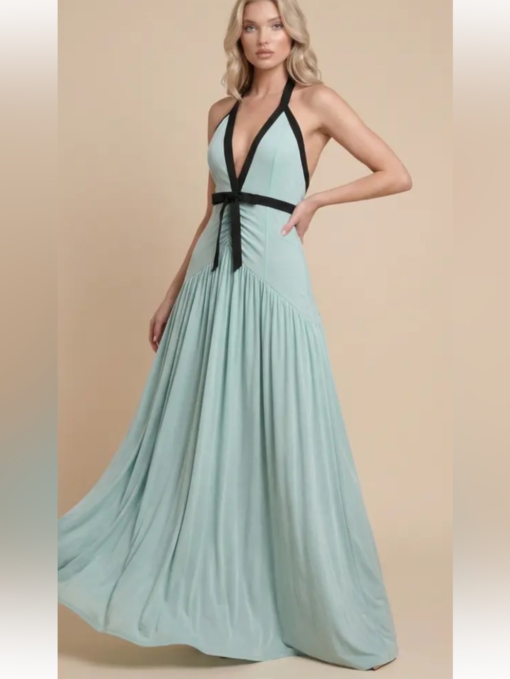 Innovare Denim Halter Maxi Dress in Mint with Black Trim NWT SIZE SMALL